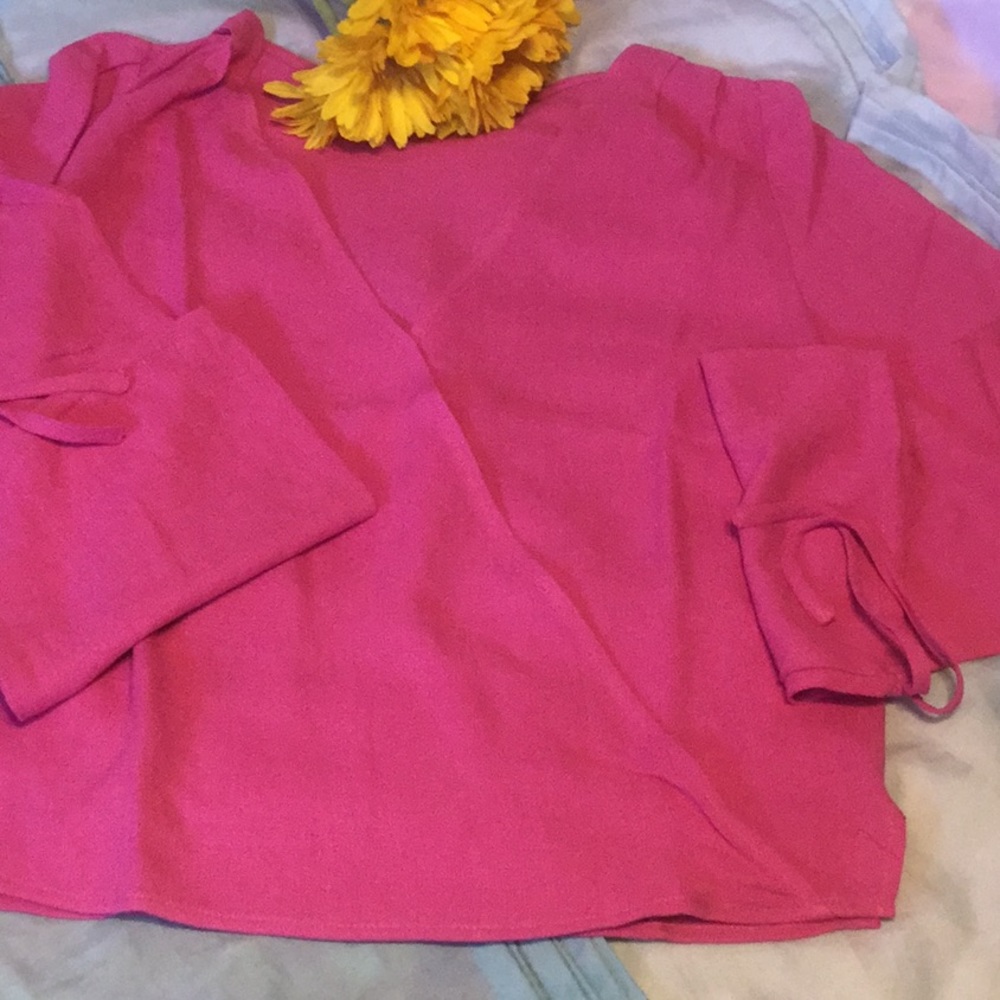 ❌DONATED❌Fuchsia Pink V-neck Surplice Long Sleeve Tie Wrists Top - Picture 5 of 11